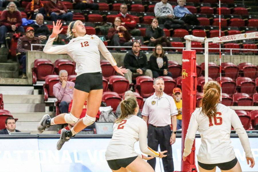 Senior Jess Schaben goes for the kill in the volleyball game against North Texas on Dec. 5 in Hilton Coliseum. Iowa State won 3-1 and advanced to the NIVC semifinals. 