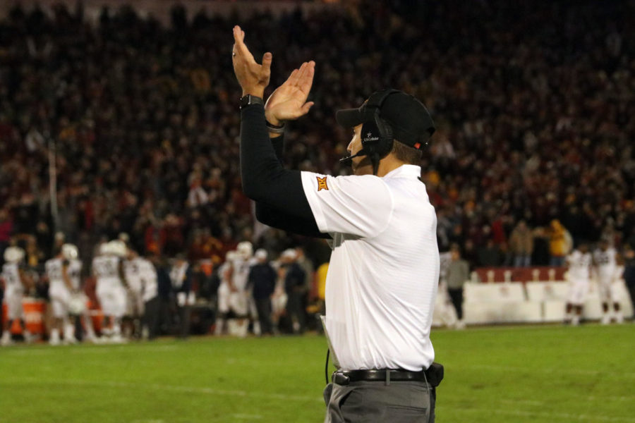 Iowa State head football coach Matt Campbell cheers during the fourth quarter of the football game at Jack Trice Stadium on Oct. 13, 2018. Iowa State defeated No.6 West Virginia 30-14.
