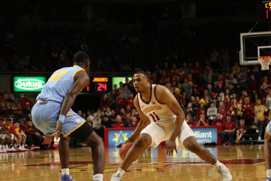 Freshman guard Talen Horton-Tucker dribbles the ball during the game against the Southern University Jaguars on Dec. 9 at Hilton Coliseum. The Cyclones ended the game with a win of 101-65.