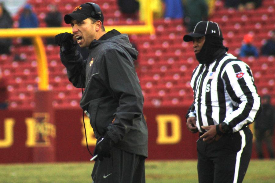Head Coach Matt Campbell yells during the game against Drake University on Dec. 1, 2018 at Jack Trice Stadium. The Cyclones won 27-24.
