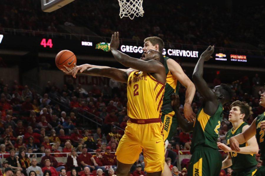 Iowa State sophomore Cameron Lard is fouled while attempting a shot against North Dakota State. Lard made his return after being suspended for the start of the season.