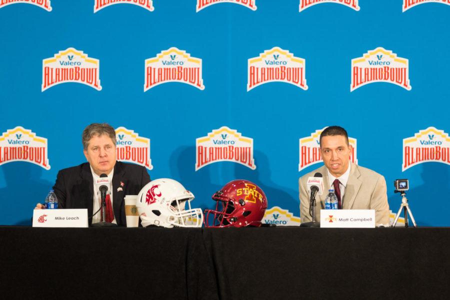 Washington State Coach Mike Leach and Iowa State Head Coach Matt Campbell answer questions during a press conference Dec. 27.