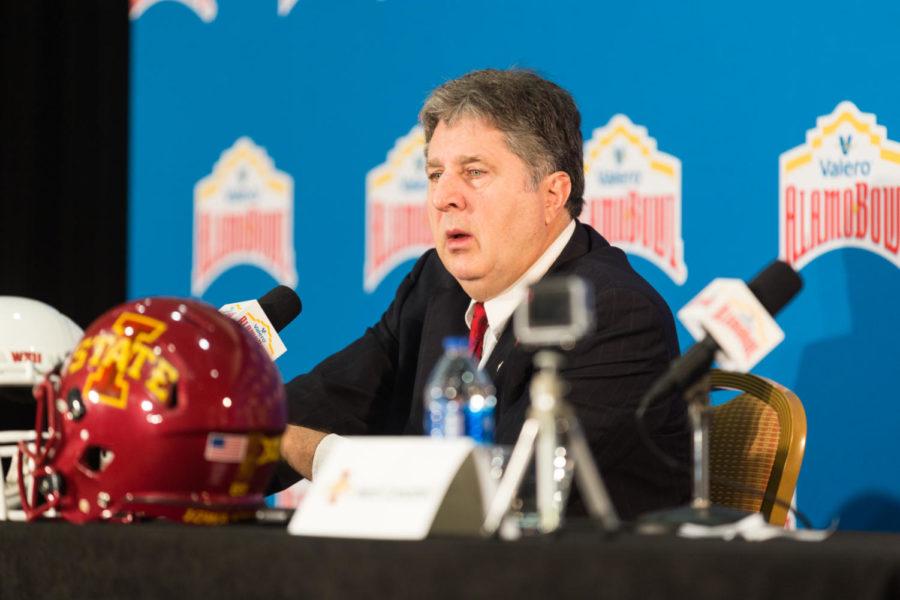 Washington State Coach Mike Leach answers questions during a press conference Dec. 27.