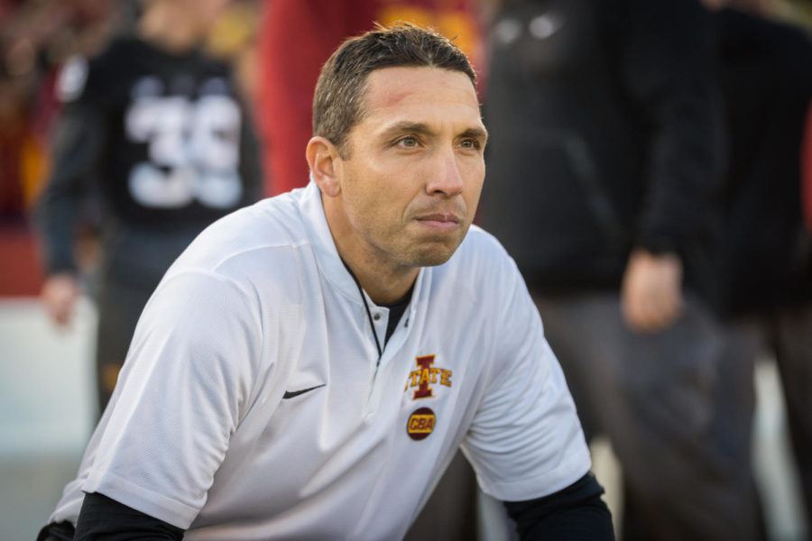 Coach Matt Campbell watches his team before the start of the Iowa State vs West Virginia football game Oct. 13.