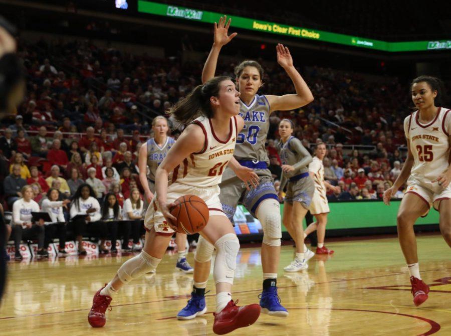 Iowa State senior guard Bridget Carleton drives under the basket against Drake on Sunday. Iowa State defeated Drake, 86-81.