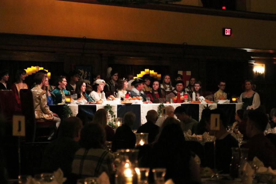 Nobility sits at the head table during the 54th annual ISU Madrigal Dinner in the Great Hall of the Memorial Union on Jan. 18. At the dinner guests enjoy dinner by candlelight as the Iowa State Singers, Musica Antiqua, Shy of a Dozen and Orchesis II dancers entertain the attendees and pretend they’re from the Renaissance period. During this form of dinner theater comedic skits are performed and audience participation is welcomed.