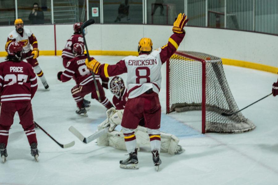 Cyclone Hockeys Jared Erickson celebrates moments after scoring on Alabama Hockey during their game on Oct. 5 at the Ames/ISU Ice Arena. The Cyclones won 4-3.