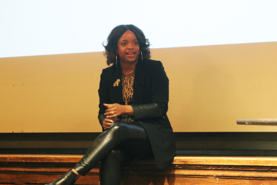 Brittany Packnett, non-profit executive director and Fellow at Harvards Institute of Politics, speaks at The Power of Knowing Your Purpose lecture Monday. The lecture was held in the Great Hall of the Memorial Union and is a part of the 2019 Martin Luther King Jr. Legacy Series.