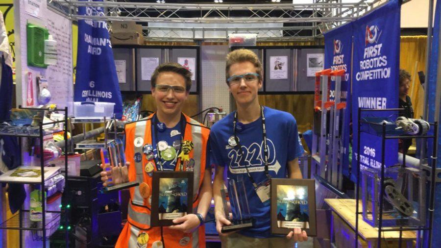 Hans Mueller, right, at the First Robotics Competition. Mueller is a sophomore in industrial engineering and founded Robots without Borders.