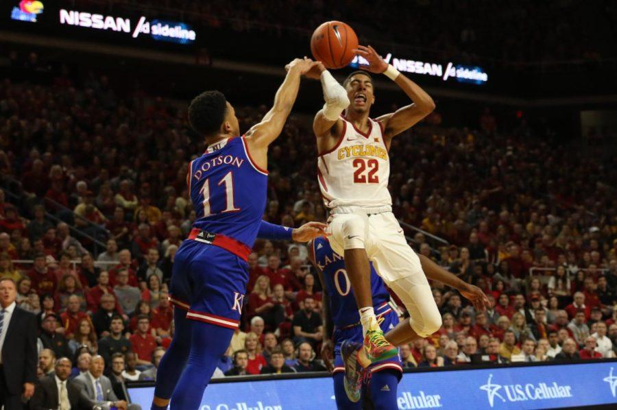 Iowa+State+freshman+Tyrese+Haliburton+is+fouled+while+taking+a+shot+during+the+first+half+against+Kansas+on+Saturday.