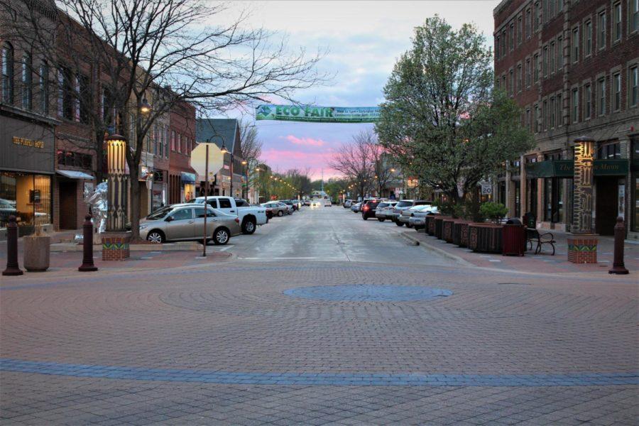 Main Street in the evening, looking west. April 2017.