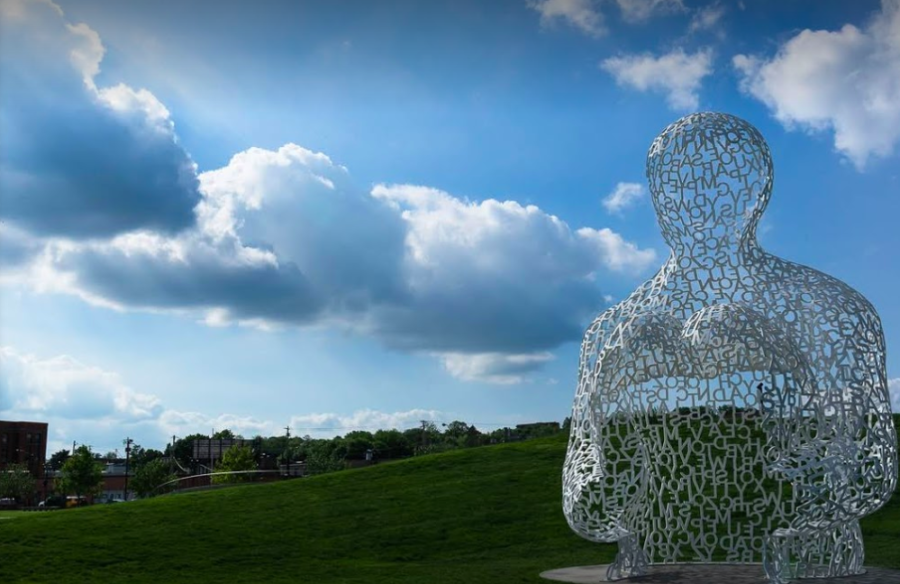 Nomade, a painted stainless steal sculpture by artist Jaume Plensa, located at the Pappajohn sculpture park in Des Moines. 