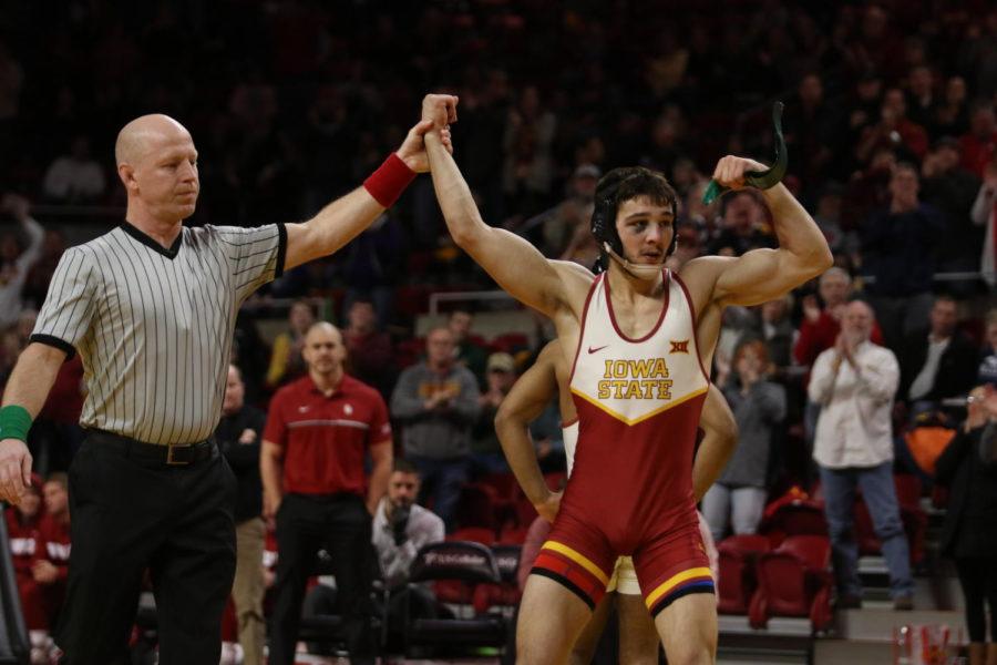 Iowa States Ian Parker celebrates after an overtime win over No. 11 Dom Demas of Oklahoma on Friday.
