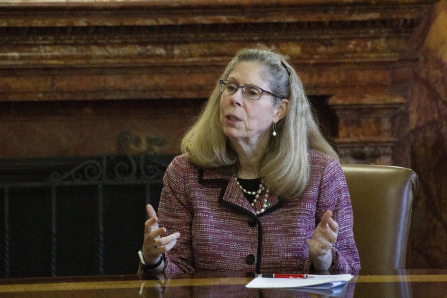 President Wendy Wintersteen responds to questions asked by members of the Iowa State Daily Jan. 9. 