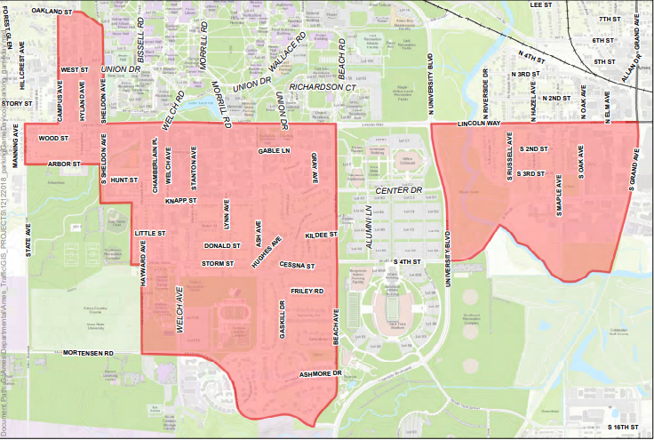 This map, released in City Council documents, indicates neighborhoods the ordinance will affect by marking them in red. 