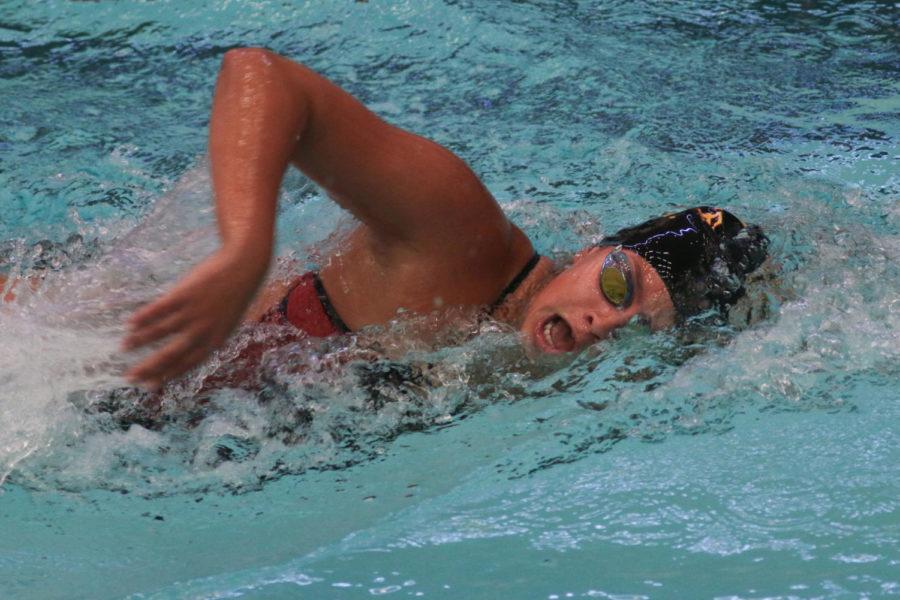 Iowa+State+sophomore+Haley+Ruegemer+swims+the+1000-yard+free+during+the+meet+against+West+Virginia+Jan.+21+at+Beyer+Hall.+Ruegemer+finished+third+with+a+time+of+10%3A33.96.