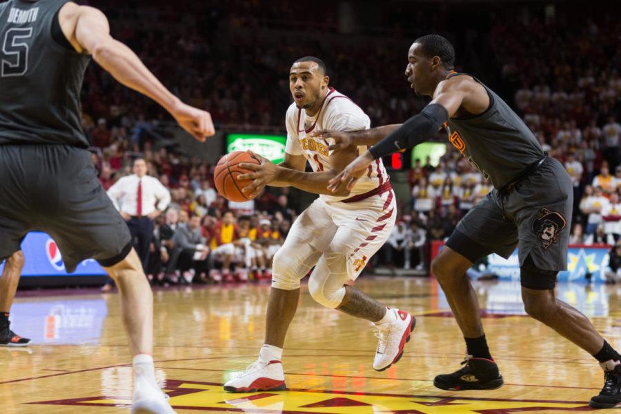 Freshman guard Talen Horton-Tucker looks for an open pass during the Iowa State vs Oklahoma State basketball game on Jan. 19 in Hilton Coliseum. The Cyclones defeated the Cowboys 72-59.