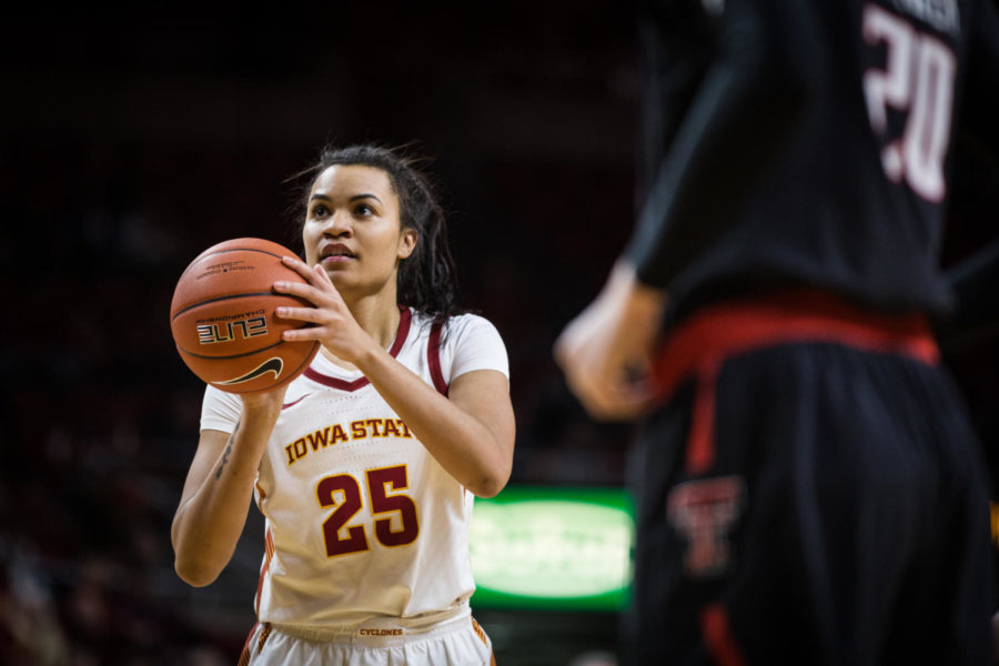 Center Kristin Scott shoots a free throw during the Iowa State vs Texas Tech womens basketball game Jan. 29 in Hilton Coliseum. The Cyclones defeated the Red Raiders 105-66.