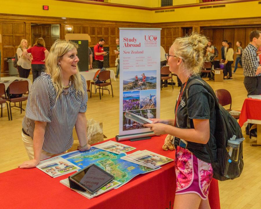 University of Canterbury (New Zealand) adviser Anna Foster (left) discusses life of a student abroad in New Zealand with ISU Freshman Rachel Santi at the Fall 2018 Study Abroad Fair. 