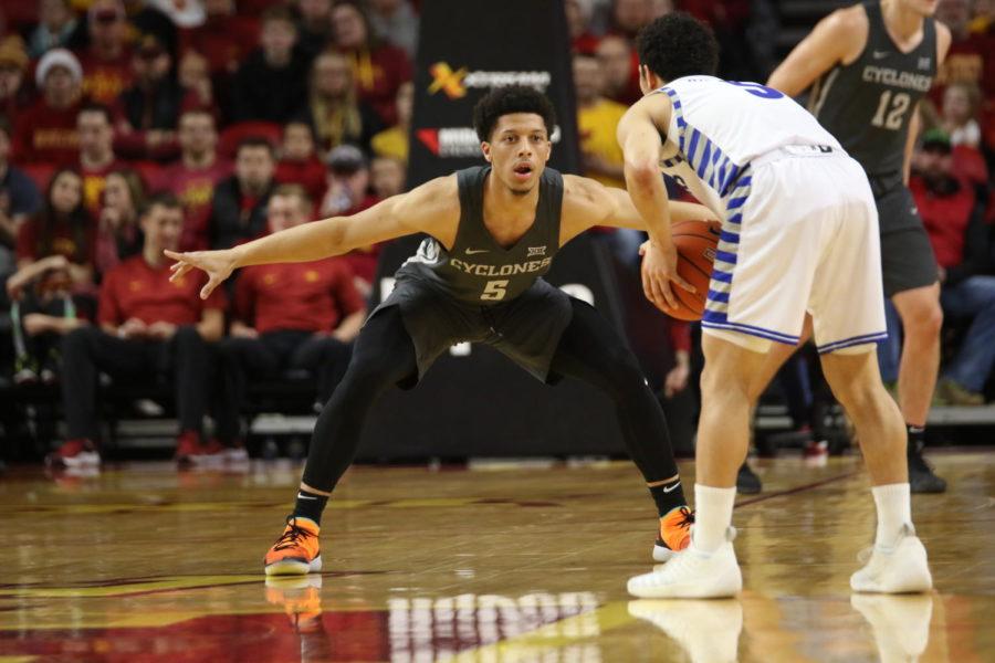 Iowa State sophomore Lindell Wigginton plays defense after checking in for the first time since injuring his foot earlier in the season.