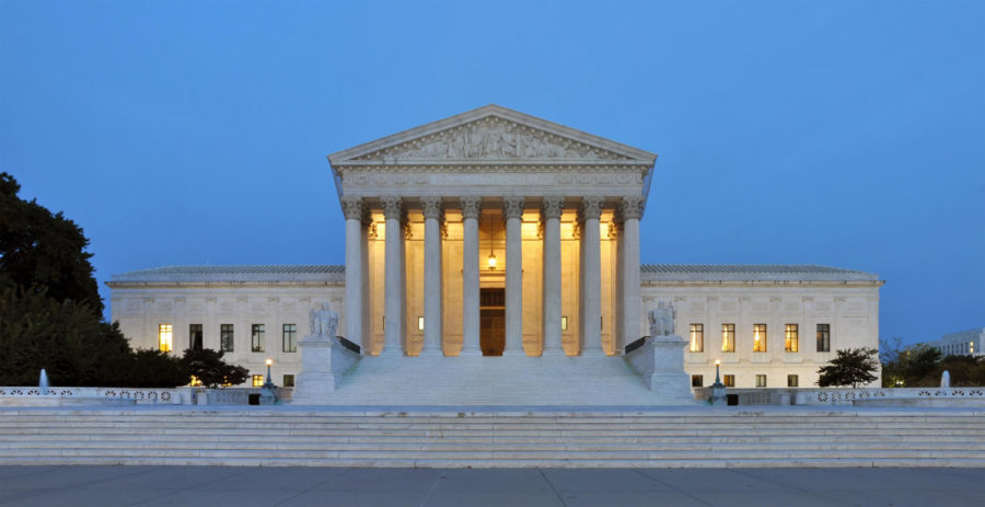 Panorama of the west facade of the Unites States Supreme Court Building at dusk in Washington, D.C.