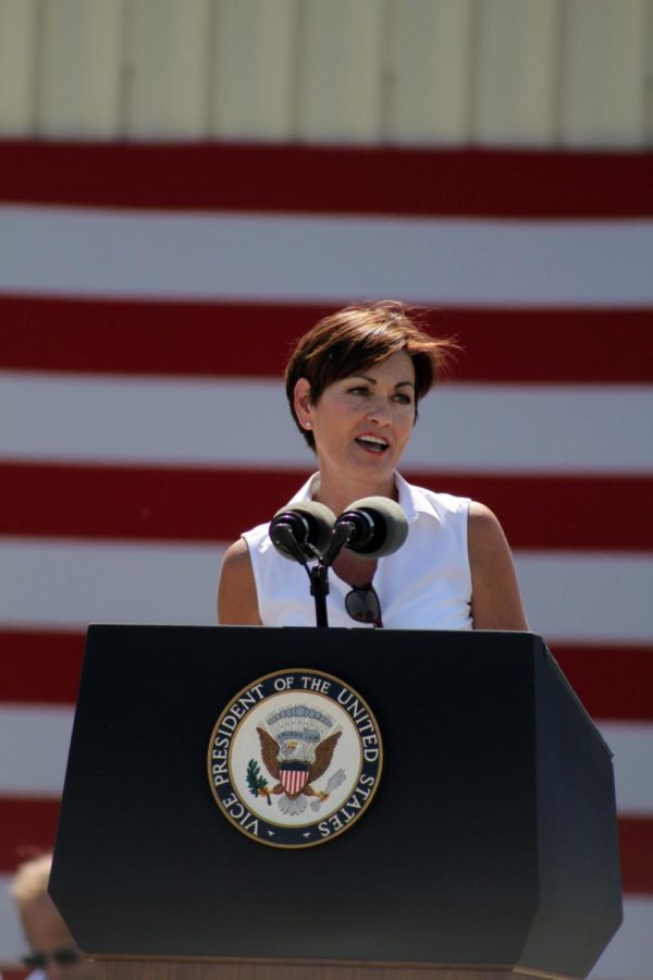 Governor Kim Reynolds speaks during the Roast and Ride fundraiser on June 3 in Boone, Iowa.