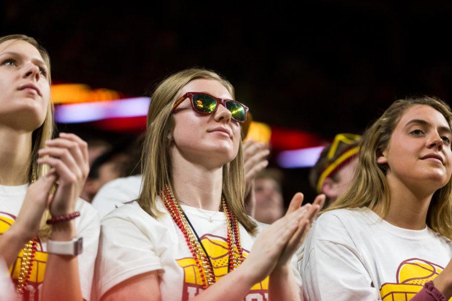 Fans+clap+during+the+Iowa+State+vs+Oklahoma+State+basketball+game+on+Jan.+19+in+Hilton+Coliseum.+The+Cyclones+defeated+the+Cowboys+72-59.