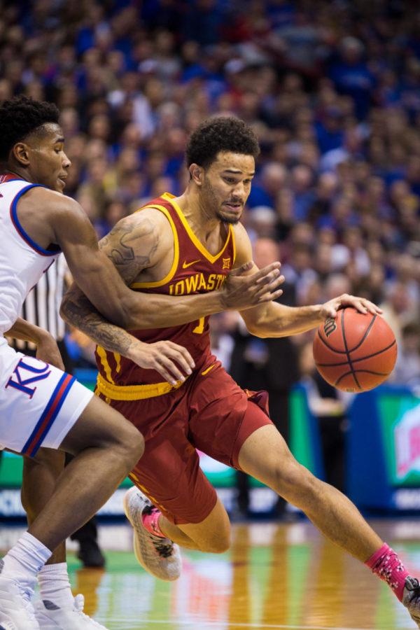Senior guard Nick Weiler-Babb drives to the hoop during the Iowa State vs Kansas basketball game in Allen Fieldhouse Jan. 21. The Jayhawks defeated the Cyclones 80-76.