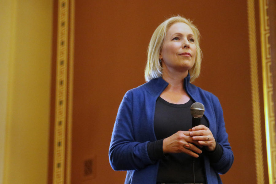 Kirsten Gillibrand, New York senator, speaks to the audience of women’s rights activists at the closing of the 2019 Women’s March Iowa Jan. 19 at the Iowa Capitol in Des Moines. “Women still do not represent 51 percent of elected leaders in this country. Imagine just for a moment what America would look like if it did. Imagine what would be possible. Do you think we would still be fighting tooth and nail for basic reproductive freedoms in this country? No. Do you think that we’d be hesitating to pass a national paid leave bill, equal pay for equal work, affordable day care, universal pre-K? No. Do you think it would be so hard to end sexual violence in our military, on college campuses and in society in general? No. And finally do you think our senate would be causing a vote on denying women’s reproductive care when they should be opening the government and giving paychecks to the 800,000 workers who have gone without their pay this week,” Gillibrand said.