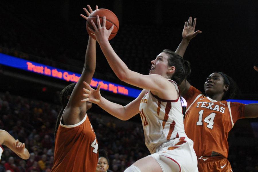 Bridget Carleton goes for a basket at the game against Texas on Jan. 12. The Cyclones lost to the Longhorns 62-64.