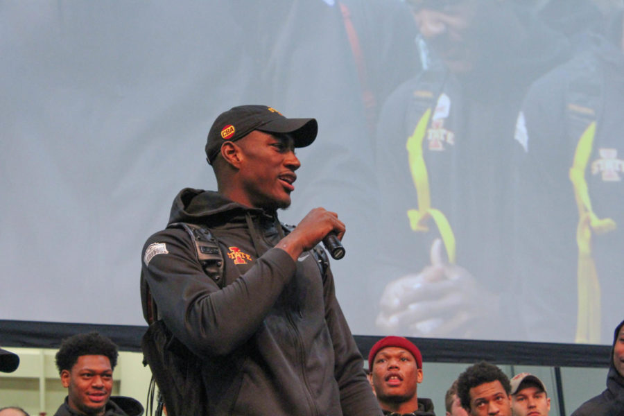 Iowa State wide receiver Hakeem Butler speaks to the crowd at the pep rally on Dec. 27.