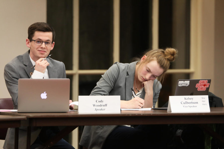 Speaker Cody Woodruff and Vice Speaker Kelsey Culbertson listen to comments and concerns from their fellow Student Government members during the first meeting of the spring semester on Jan. 16 in the Campanile Room at the Memorial Union.