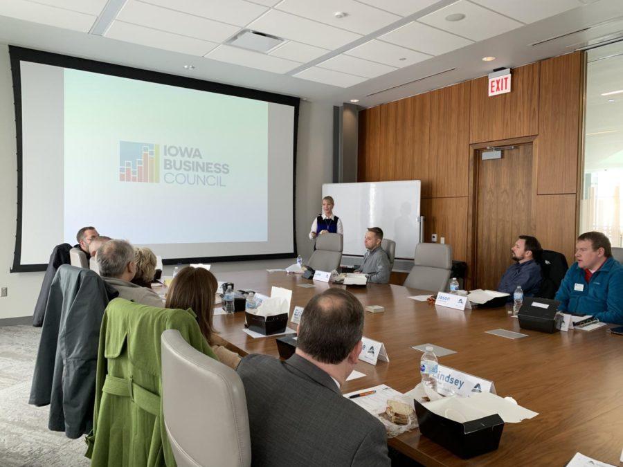 Georgia Van Gundy, executive director of the Iowa Business Council, presents to the Ames Chamber of Commerce Board of Directors Wednesday on Iowas Competitive Dashboard.