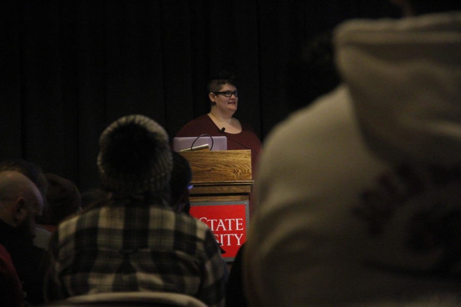 SJ Thompson, a writer and eating disorder specialist, shares stories from their own recovery own recovery process during their presentation on barriers and access to eating disorder treatment at the MU on Feb. 27 as a part of Body Image and Eating Disorder Awareness Week. 