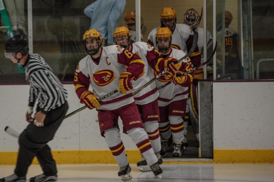 Cyclone+Hockey+players+hit+the+ice+at+the+start+of+the+second+period+during+the+game+against+Alabama+Hockey+Oct.+5+at+the+Ames%2FISU+Ice+Arena.