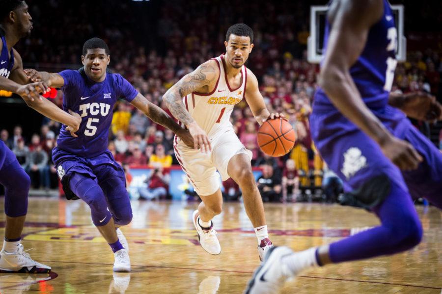 Iowa State senior guard Nick Weiler-Babb dribbles the ball down the court during the first half of the Iowa State vs TCU men’s basketball game held Feb. 9. in Hilton Coliseum. The Horned Frogs defeated the Cyclones 92-83 despite a surge from Iowa State in the last quarter.