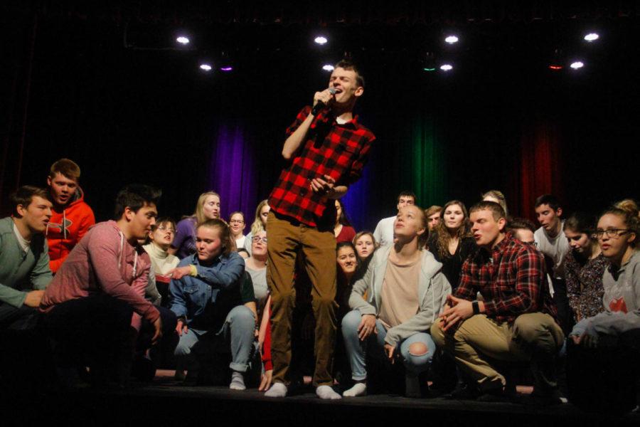 A sorority and fraternity pairing performs their skit A trip down memory lane, during the Varieties dress rehearsal on Feb. 5 in the Memorial Union.