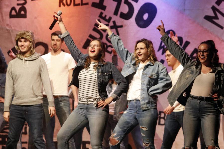 Sorority and fraternity members perform their musical A Trip Down Memory Lane. The 2019 Varieties semi-finals day one took place in the Great Hall of the Memorial Union on Feb. 8. Varieties showcases performances from students and Greek pairings.