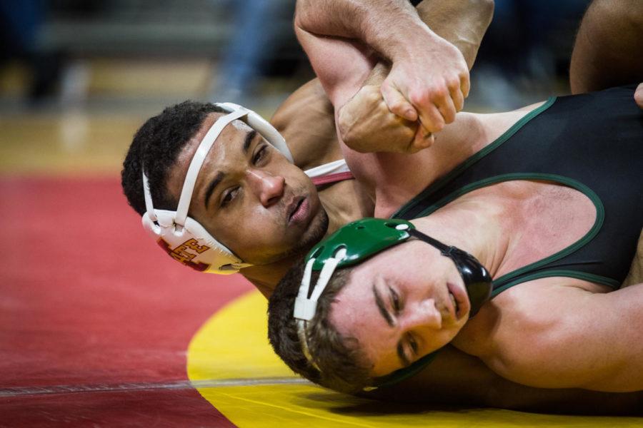 Then-redshirt freshman Marcus Coleman wrestles then-redshirt freshman Kyle Snelling during the Iowa State vs. Utah Valley dual meet Feb. 3 in Hilton Coliseum. Coleman won by technical fall 17-2 and the Cyclones defeated the Wolverines 53-0.