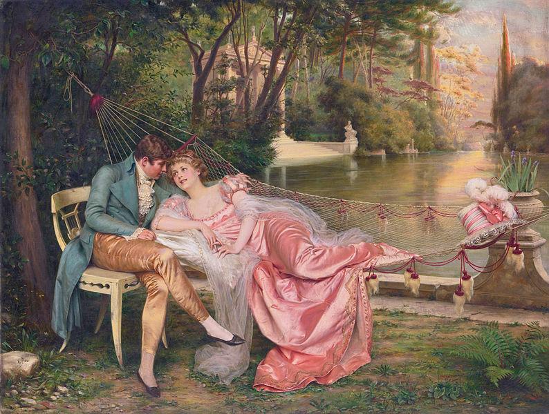 The painting Flirtation by French-Italian realism painter Frédéric Soulacroix depicts a man and woman dressed in early nineteenth century styles.