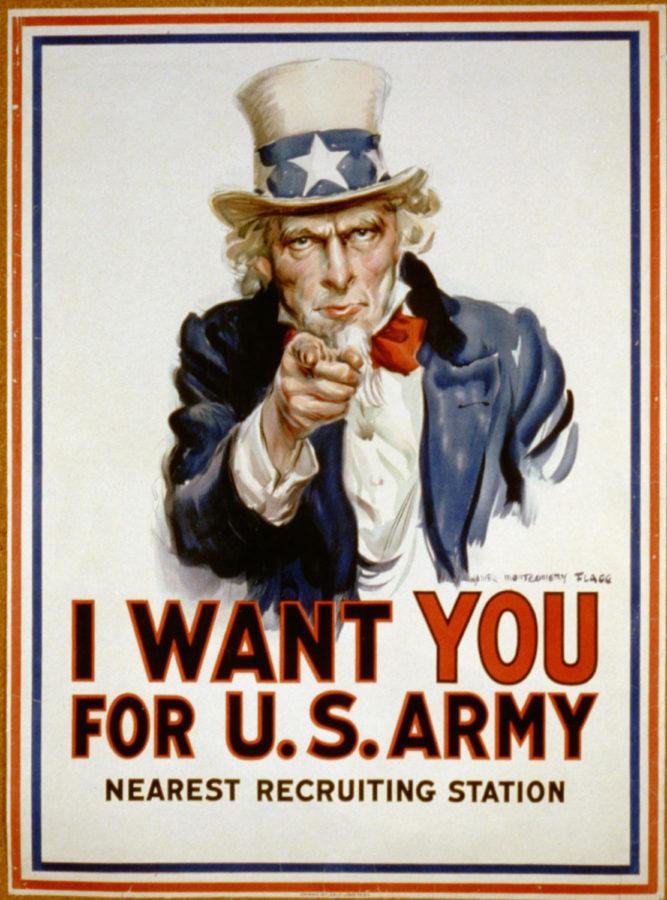 Poster shows Uncle Sam pointing his finger at the viewer in order to recruit soldiers for the American Army during World War I. The printed phrase Nearest recruiting station has a blank space below to add the address for enlisting.