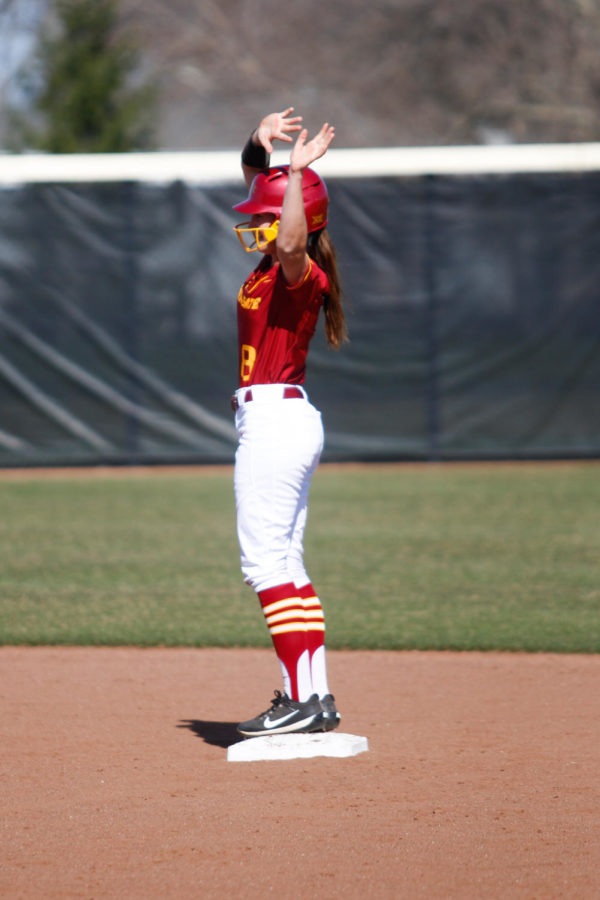 Taylor Nearad celebrates a RBI double during the Cyclones 4-2 win over Iowa in the Cy-Hawk Series.