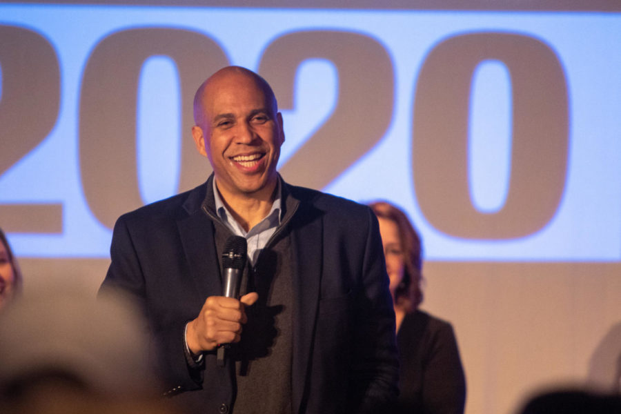 Democratic presidential candidate Cory Booker of New Jersey speaks at the Kum & Go Theater in Des Moines on Feb. 9.