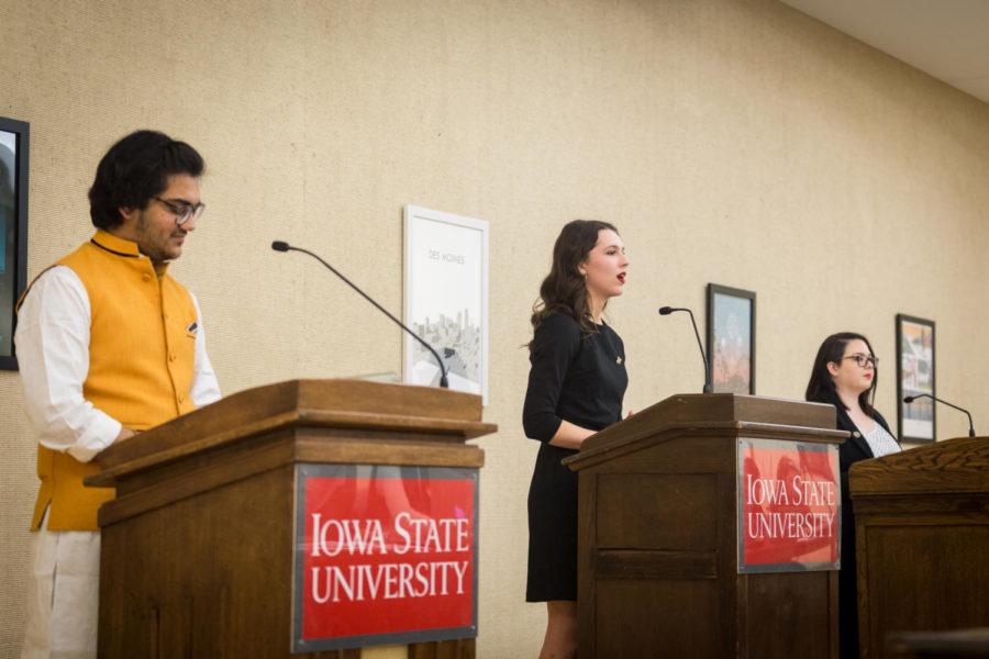 Candidates take turns introducing themselves during opening remarks of the Iowa State Student Government Vice Presidential Debate between Vishesh Bhatia, Analese Hauber and Annaliessa Michelotti. The debate was held Feb. 19 in the Gallery Room of the Memorial Union with the intention of allowing students to learn more about the candidates and their platforms.