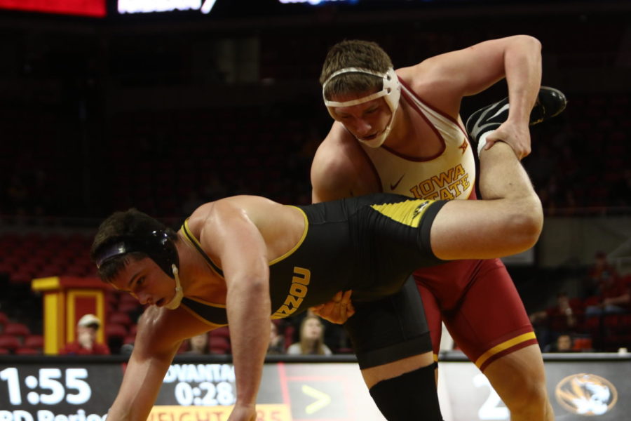 Iowa+State+then-redshirt+sophomore+Gannon+Gremmel+attempts+a+takedown+during+the+Cyclones+dual+against+Missouri+on+Feb.+24.