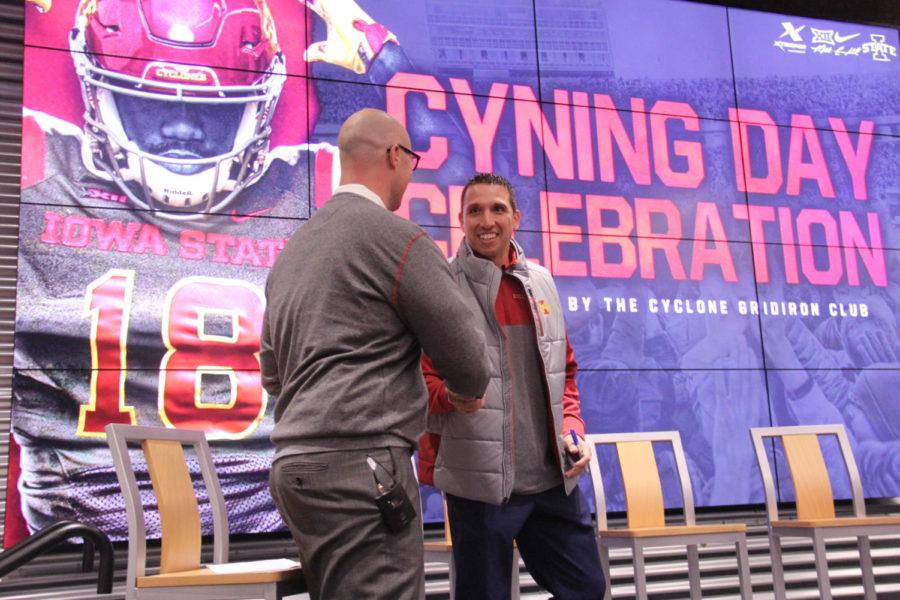 Iowa States head football coach Matt Campbell on stage during Cyning Day at Sukup End Zone Club on Feb. 7, 2018.