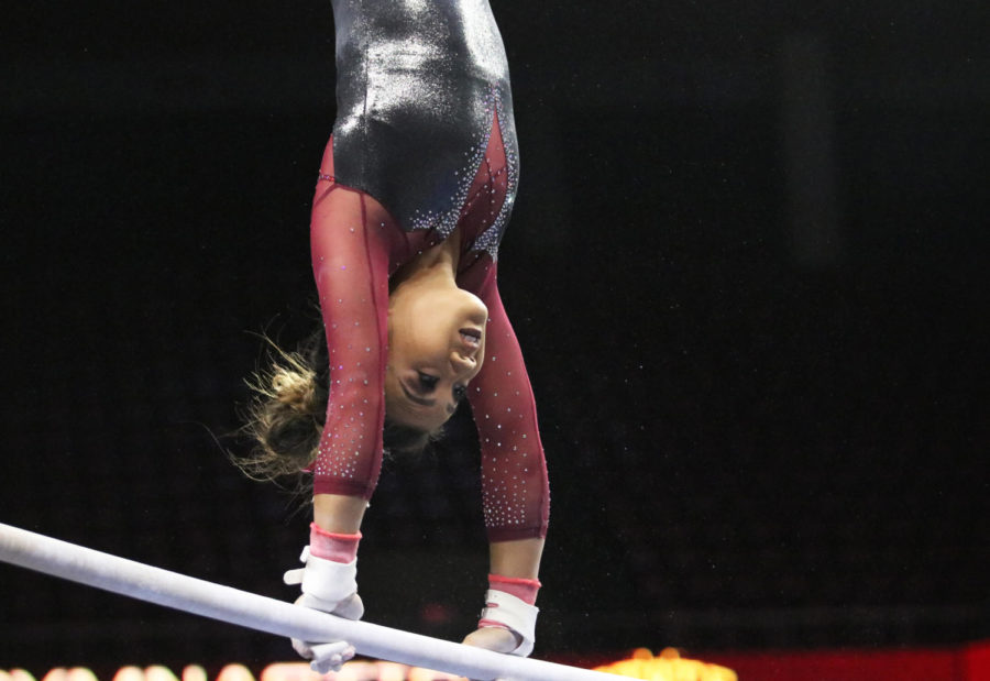 Iowa+State+gymnast+Sydney+Converse+competes+during+the+bars+competition+at+the+gymnastics+meet+against+Southern+Utah+University+at+Hilton+Coliseum+on+Feb.+8.+Converse+scored+a+9.800+during+the+bars+competition.+Iowa+State+won+with+an+all-around+score+of+195.375%2C+beating+out+Southern+Utah+with+a+score+of+195.250.+Iowa+State+had+higher+scores+then+Southern+Utah+in+vault%2C+bars%2C+beam+and+floor.