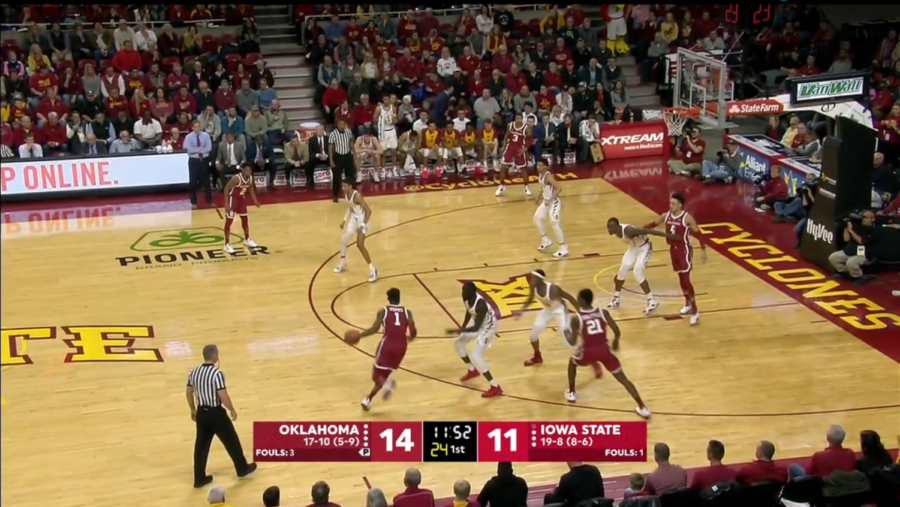 Redshirt senior guard Marial Shayok defends Oklahoma's Rashard Odomes on a drive at Hilton Coliseum on Monday.