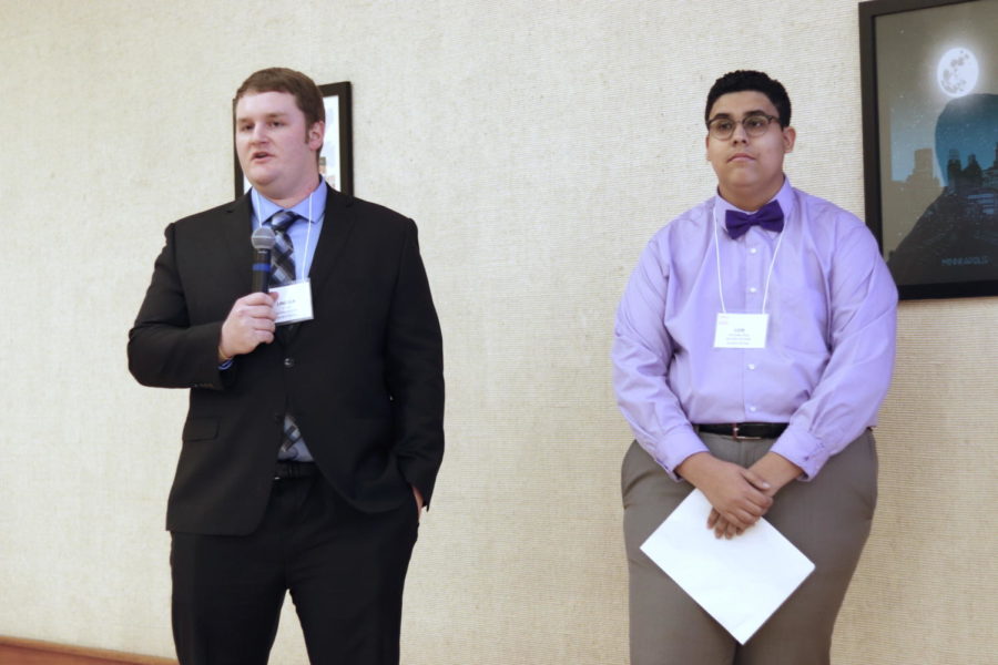 Lincoln Lutrick, senior in kinesiology and health and Luis Gonzalez, junior in political science present how the U.S. prison system is today’s slavery. The 2019 ISCORE Conference took place Friday at the Memorial Union.