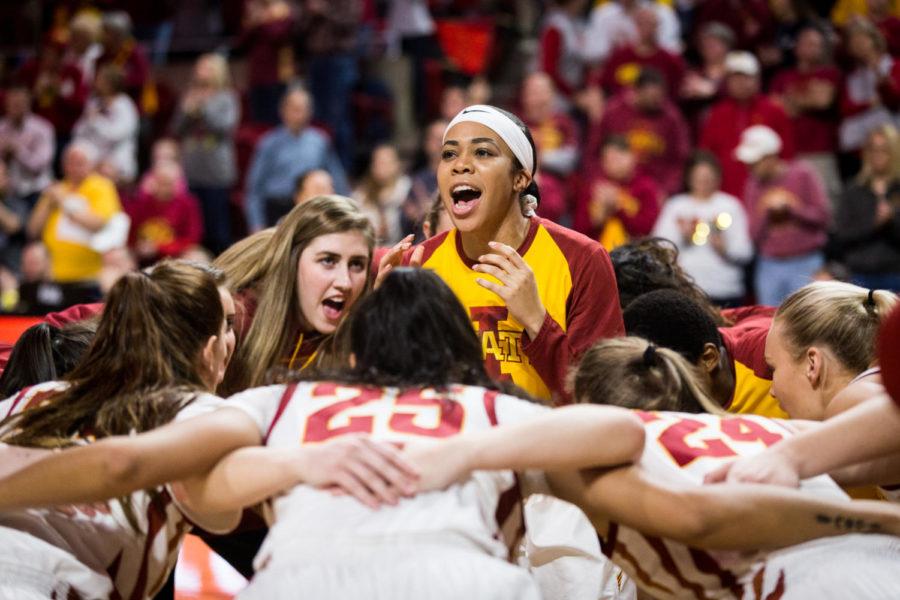 Iowa+State+junior+guard+Nia+Washington+leads+her+team+in+a+chant+before+the+start+of+the+Iowa+State+vs+Baylor+women%E2%80%99s+basketball+game+held+Saturday+in+Hilton+Coliseum.+The+Lady+Bears+defeated+the+Cyclones+60-73+despite+a+surge+from+Iowa+State+in+the+second+half.